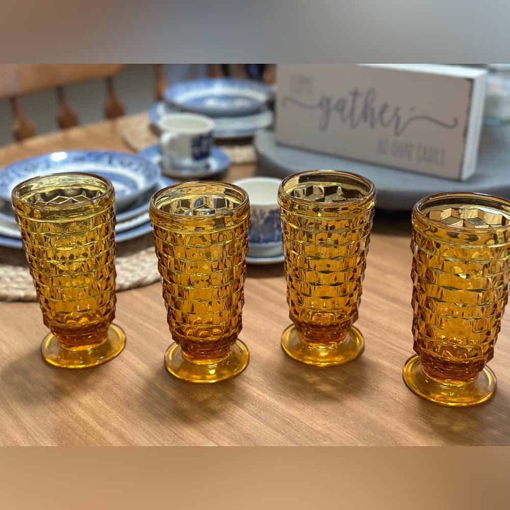 Vintage Amber Cubist Water Goblets Set of 4